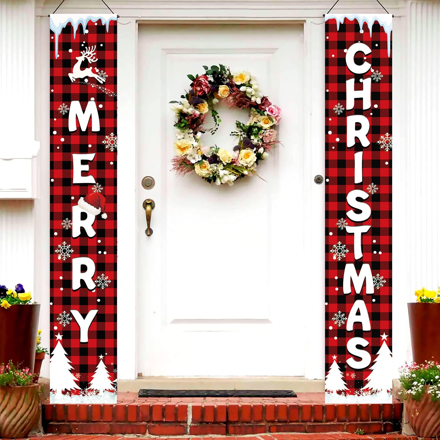 Buffalo Plaid Merry Christmas Porch Sign Banners