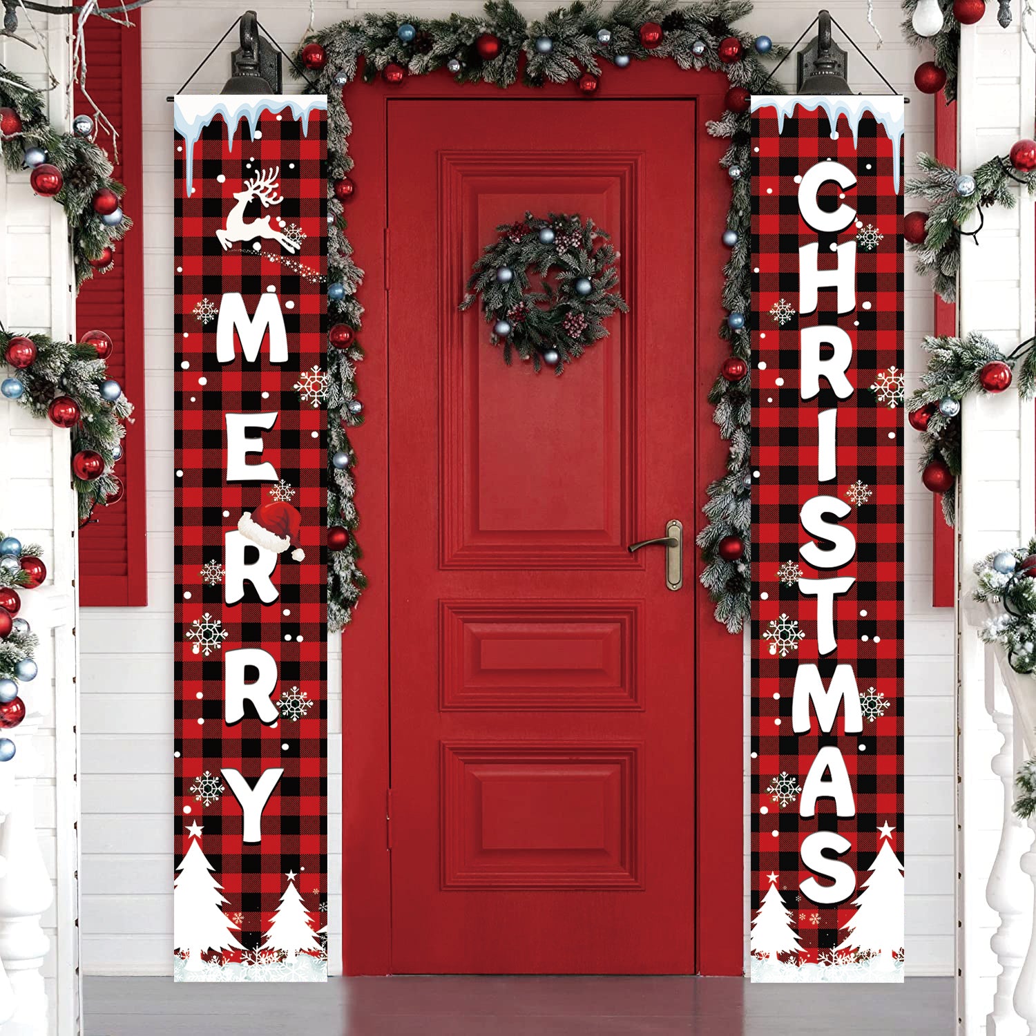 Buffalo Plaid Merry Christmas Porch Sign Banners