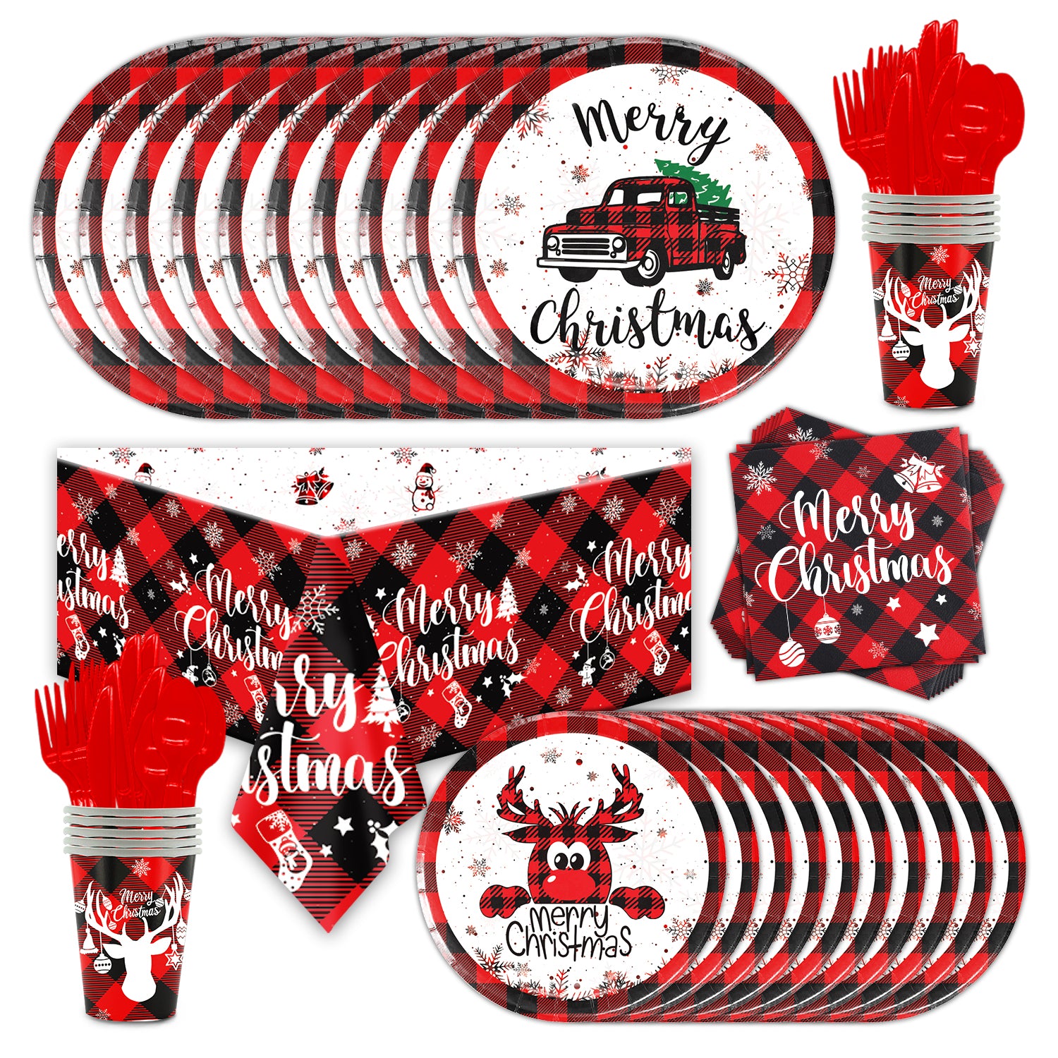 Buffalo Plaid Merry Christmas Tableware Set Serves 24