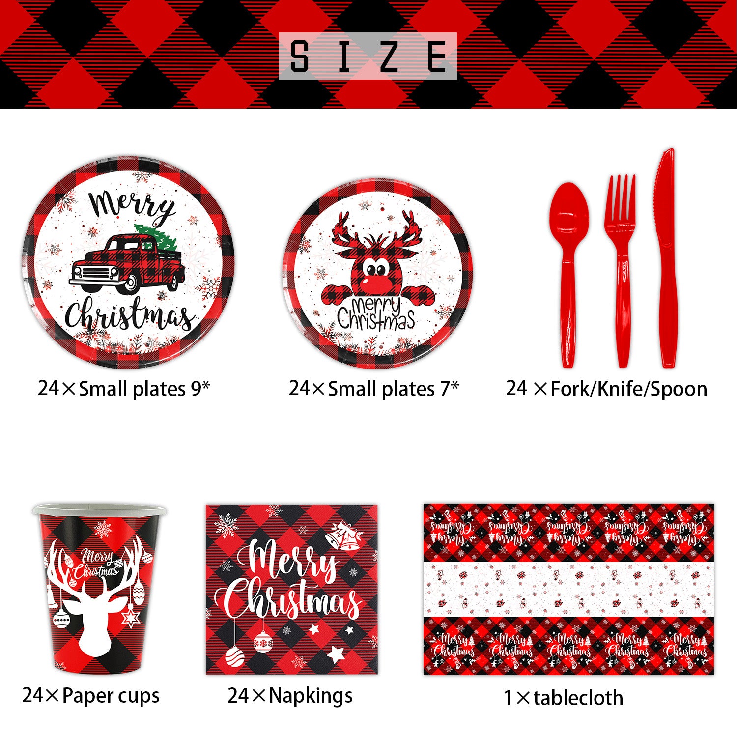 Buffalo Plaid Merry Christmas Tableware Set Serves 24