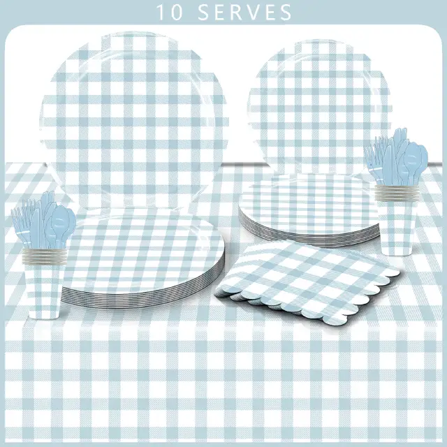 Blue Plaid Tableware Set Serves 10