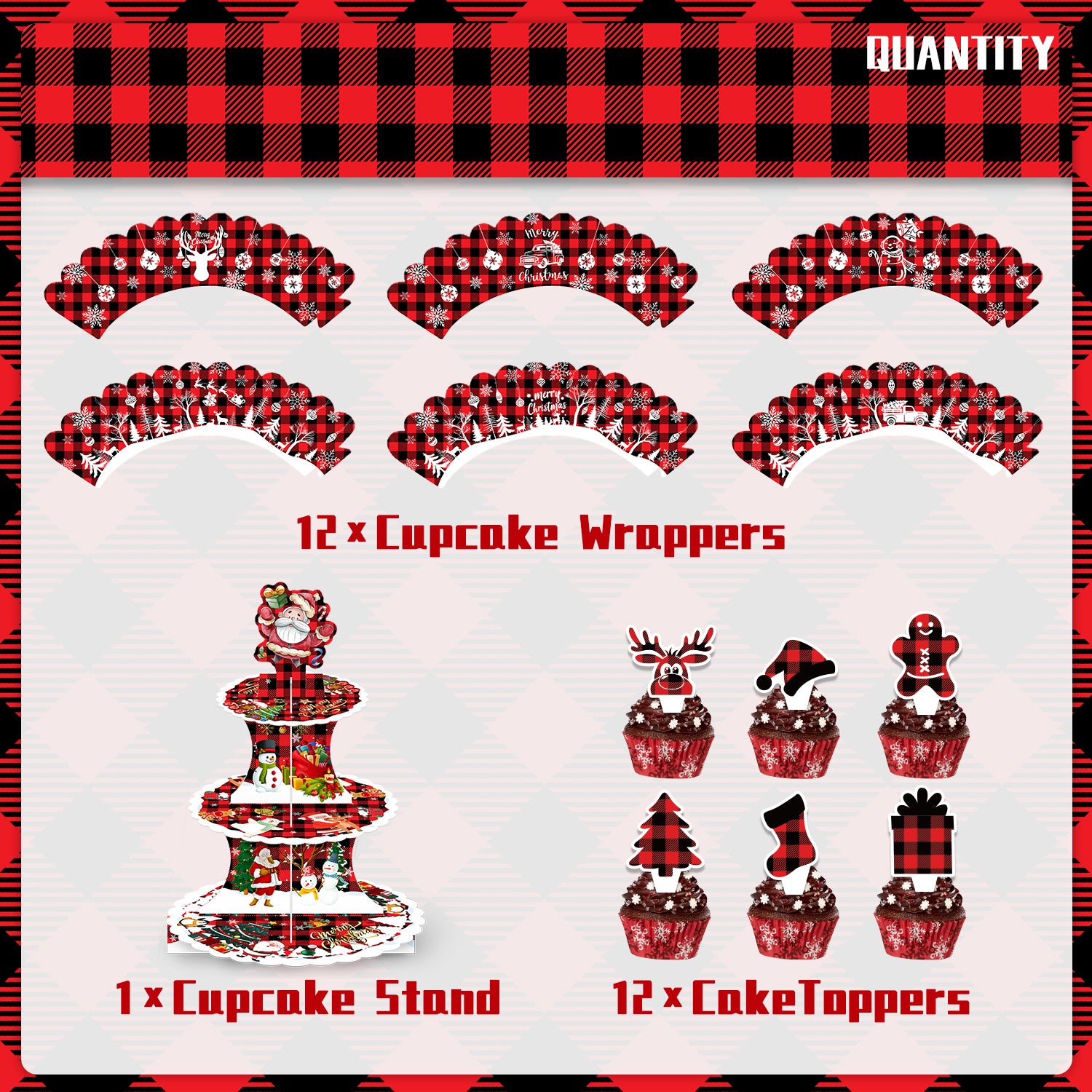 3-Tier Buffalo Plaid Cupcake Stand Set