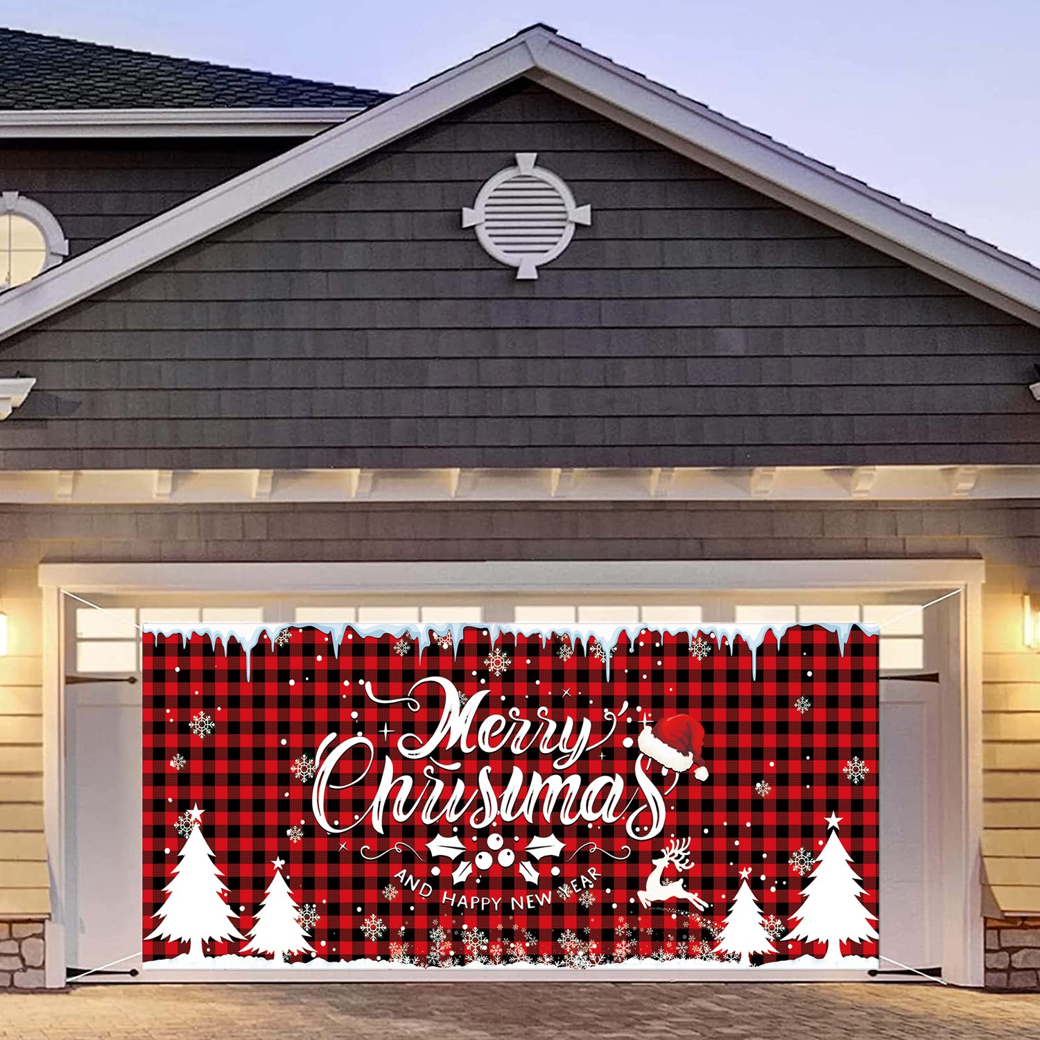 Buffalo Plaid Merry Christmas Garage Backdrop Banner, 13x6ft