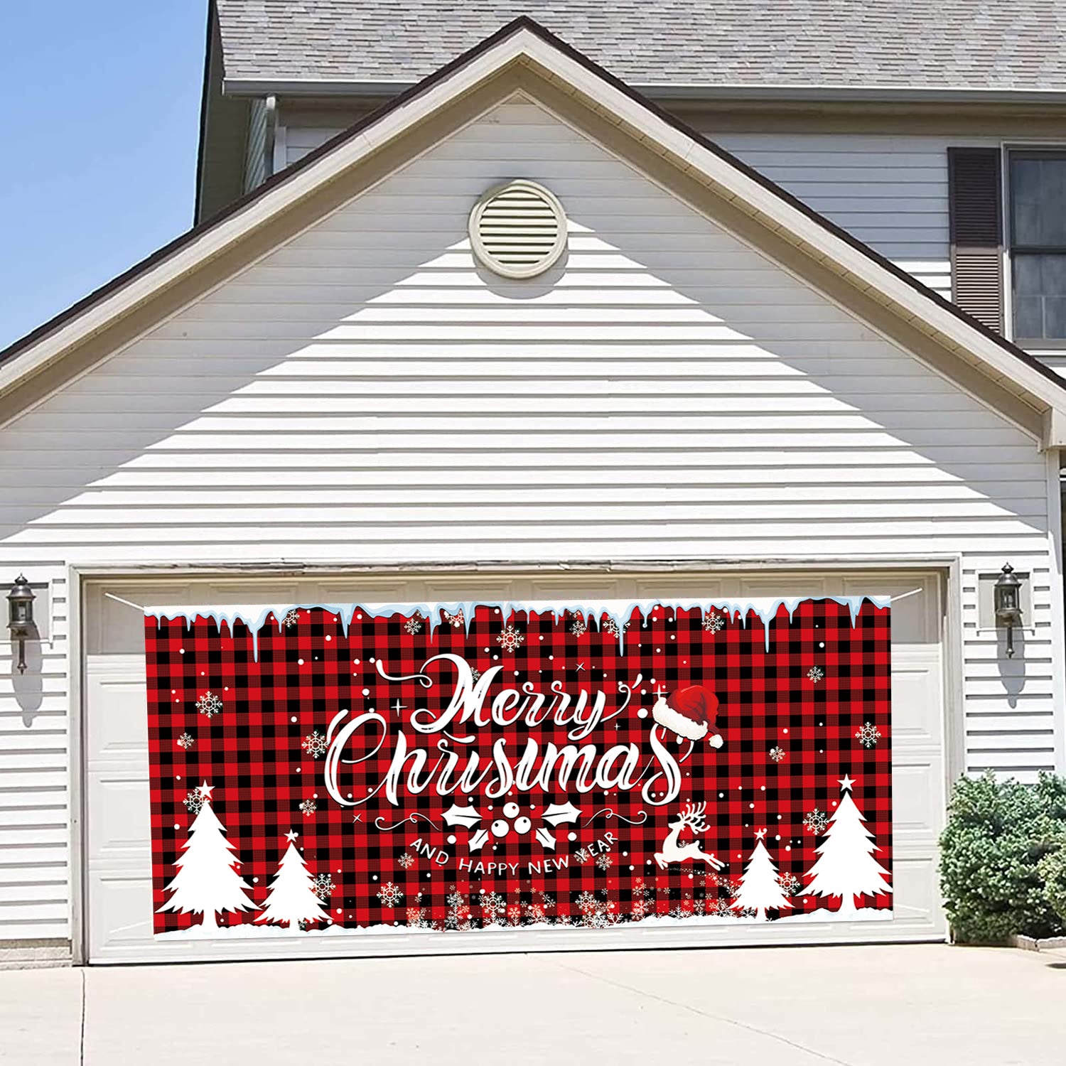 Buffalo Plaid Merry Christmas Garage Backdrop Banner, 13x6ft