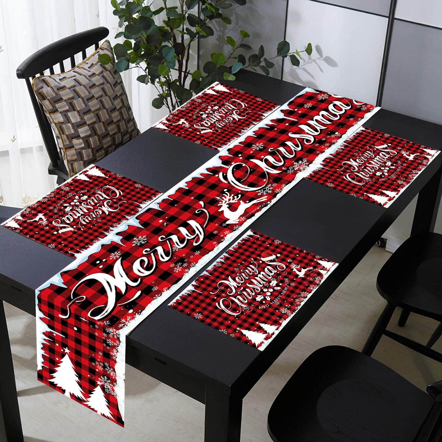 Buffalo Plaid Merry Christmas Table Runner with 4 Placemats