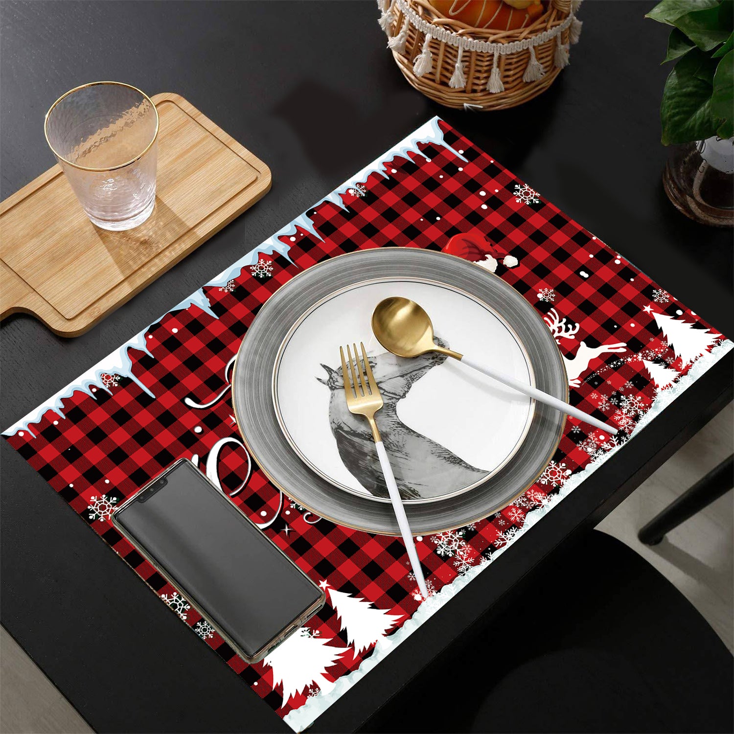 Buffalo Plaid Merry Christmas Table Runner with 4 Placemats