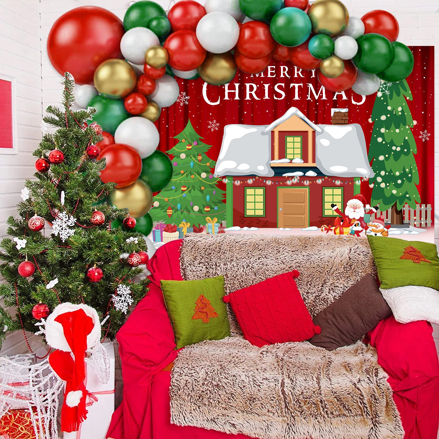 Merry Christmas Balloon Garland and Backdrop Set