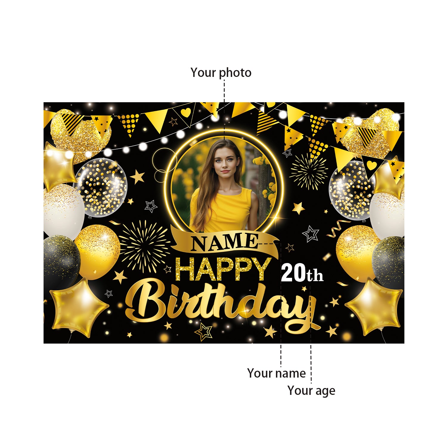 Custom Black and Gold Backdrop Banner, 5x7ft