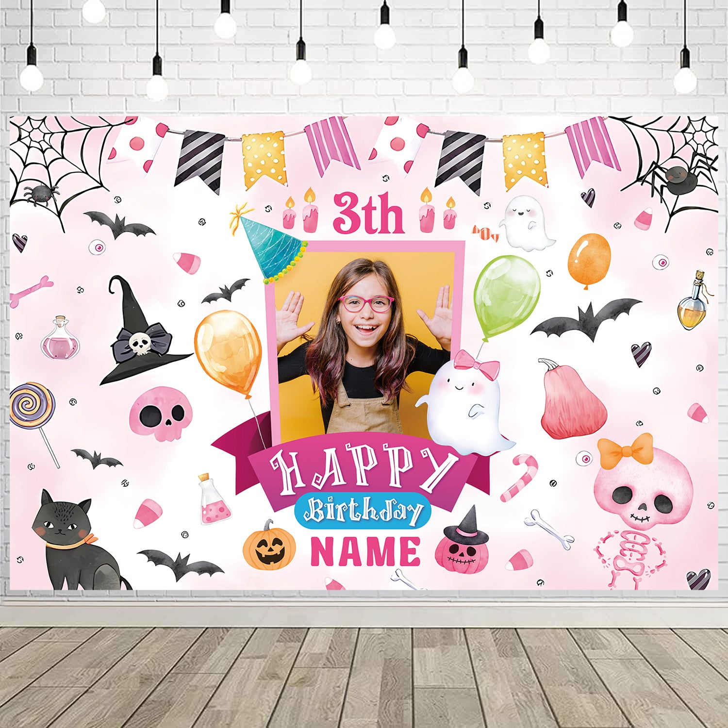 Custom Pink Halloween Birthday Backdrop Banner, 5x7ft