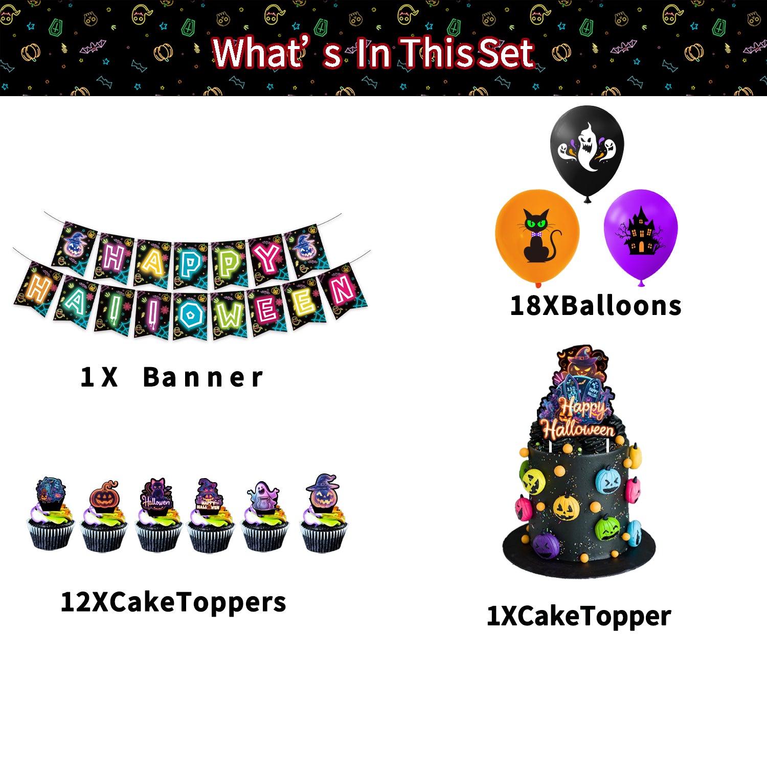 Halloween Neon Banner & Cake Topper Decoration Set