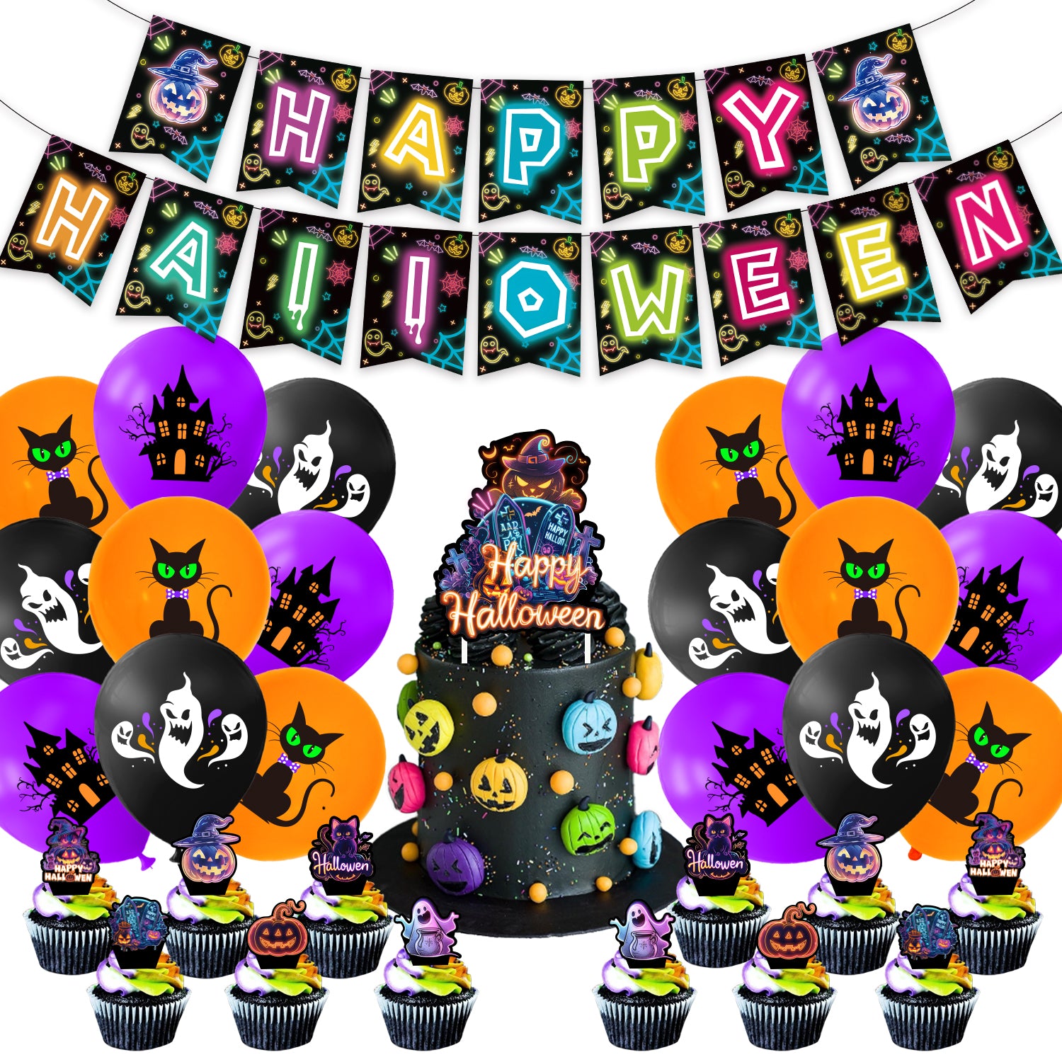 Halloween Neon Banner & Cake Topper Decoration Set