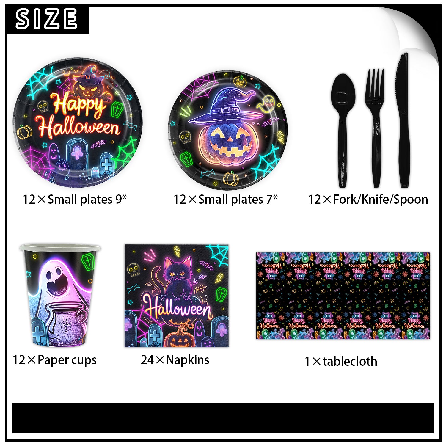 Halloween Neon Colored Tableware Set Serves 12