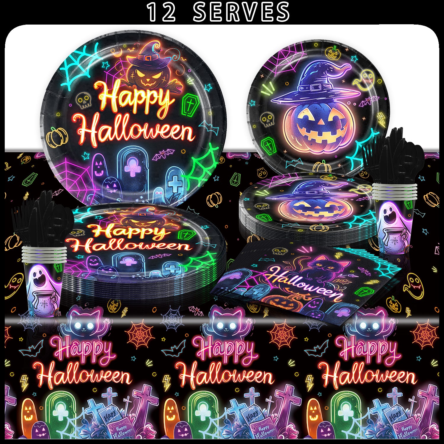 Halloween Neon Colored Tableware Set Serves 12