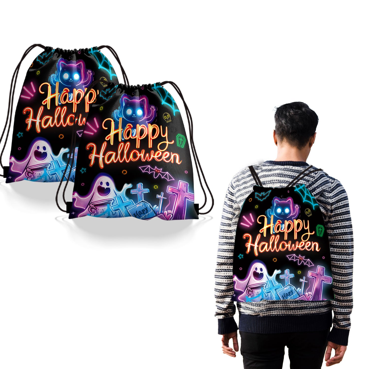 4pcs Halloween Neon Design Drawstring  Backpack Bag