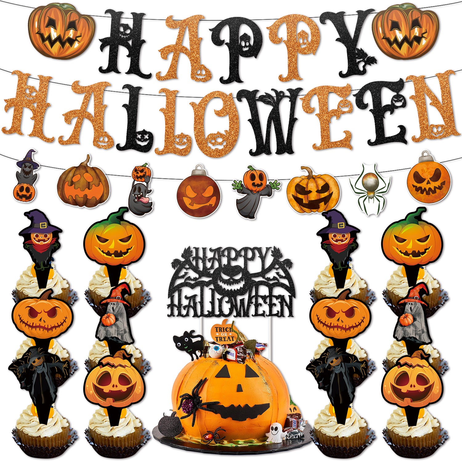 Halloween Pumpkin Banner & Cake Topper Decoration Set