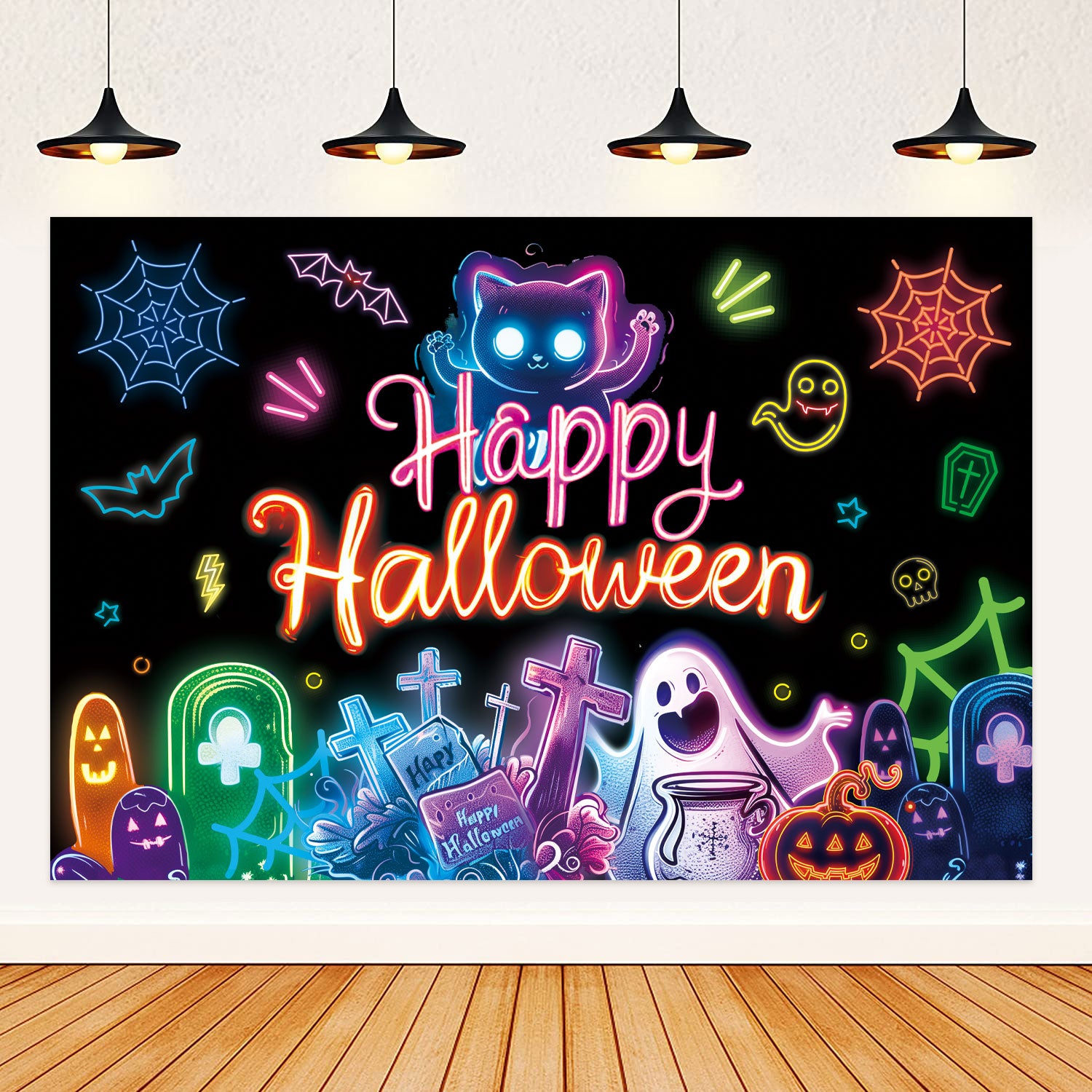 Happy Halloween Neon Design Backdrop Banner