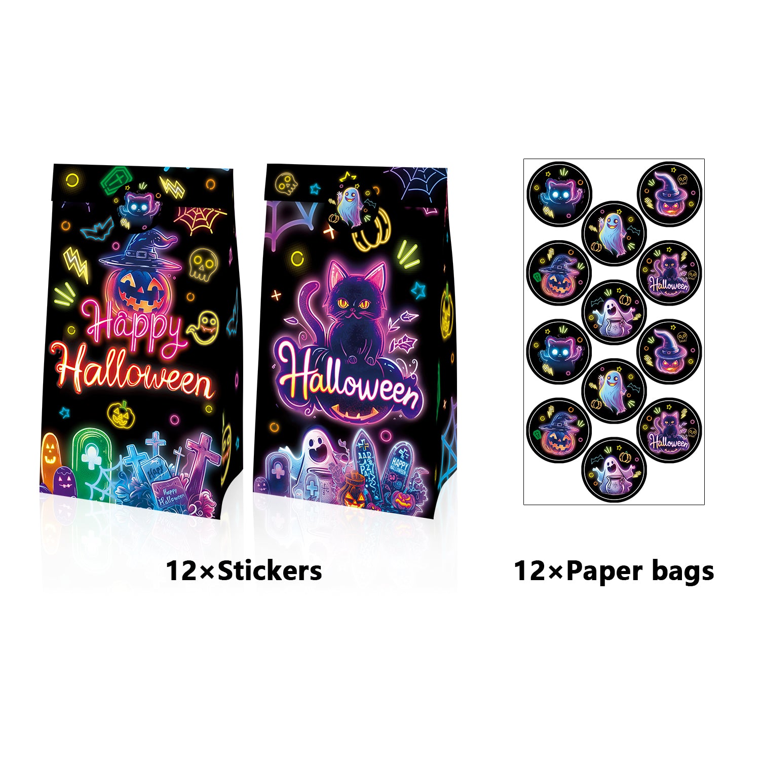 12pcs Halloween Neon Candy Bags with Stickers