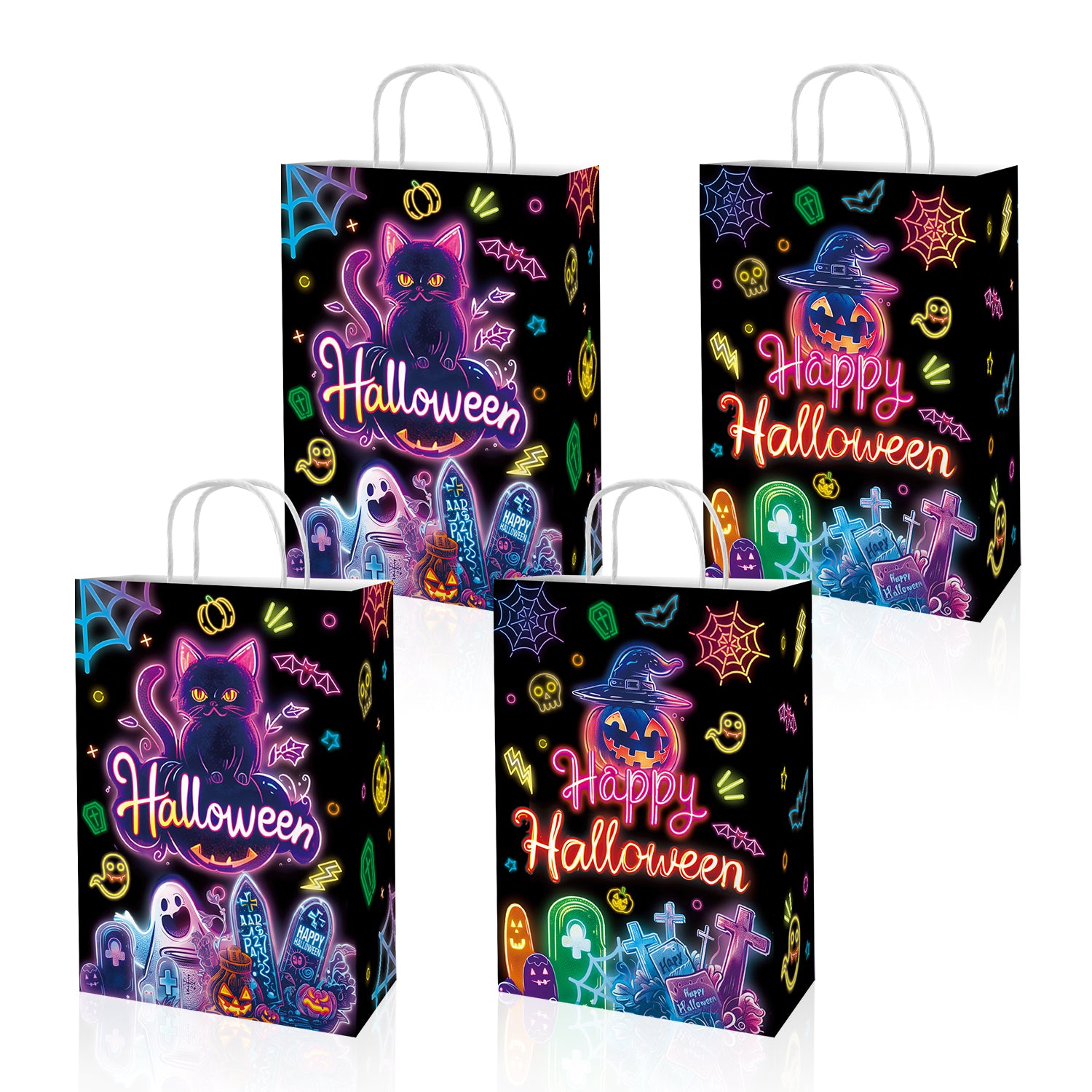 12pcs Halloween Neon Paper Handle Bag