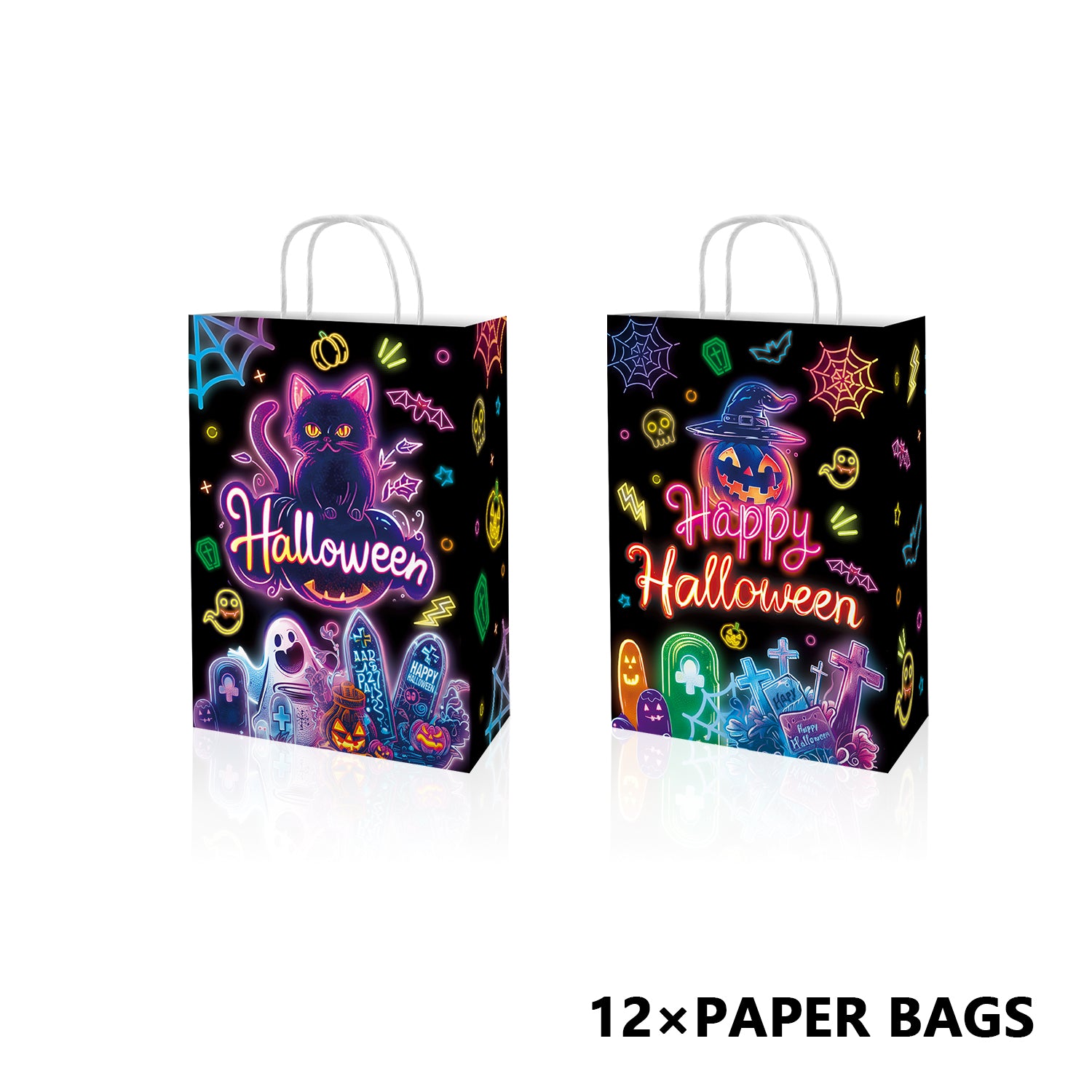 12pcs Halloween Neon Paper Handle Bag