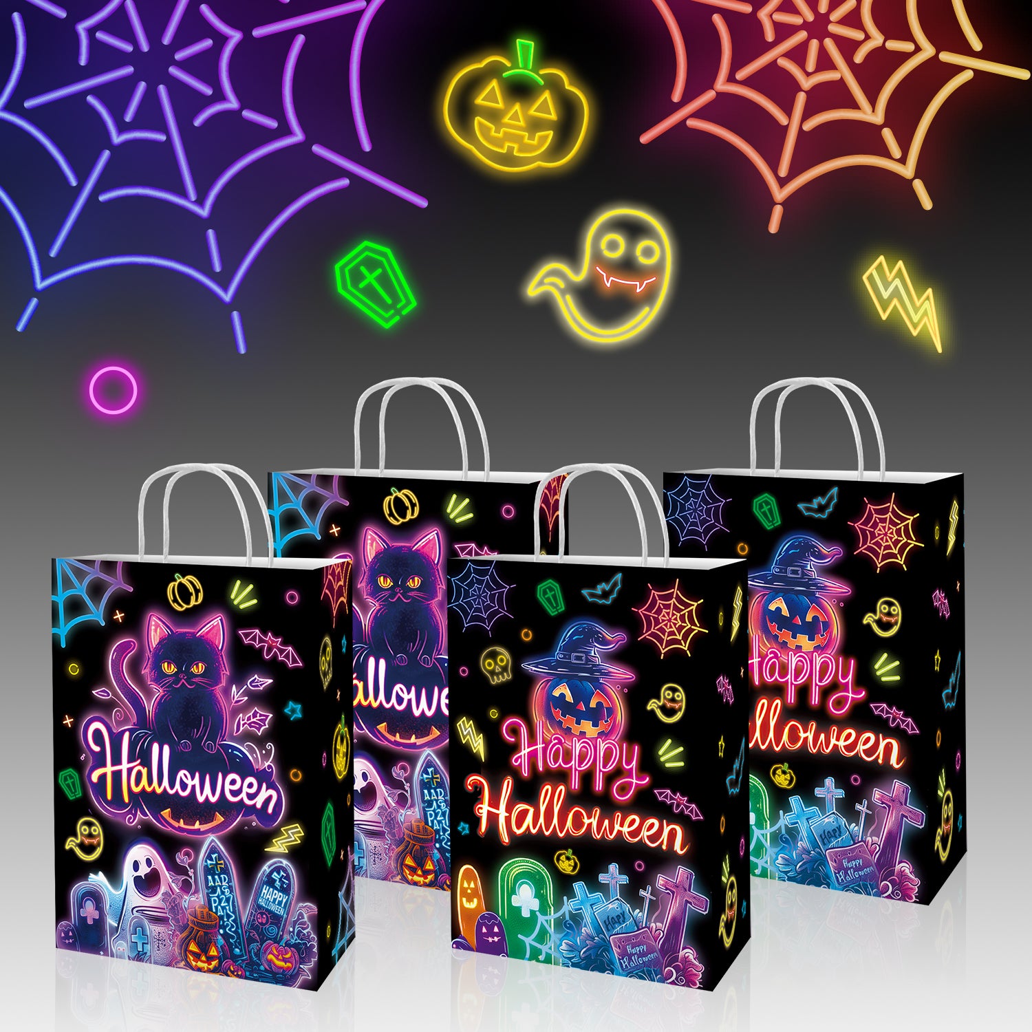 12pcs Halloween Neon Paper Handle Bag