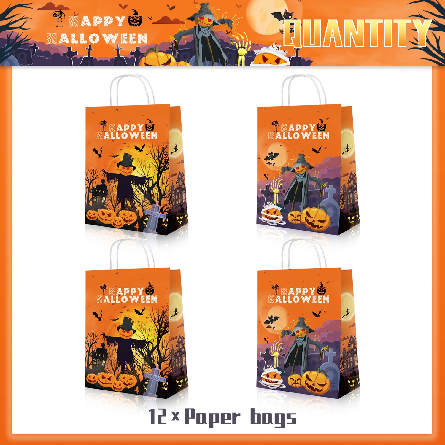 12pcs Happy Halloween Trick or Treat Paper Bag with Handles