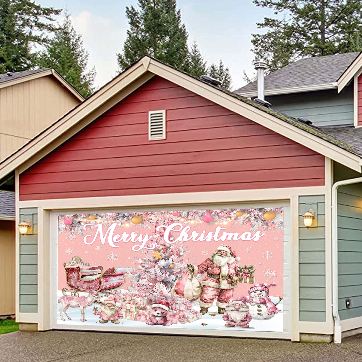 Pink Merry Christmas Garage Backdrop Banner Party Decoration, 13x6 ft