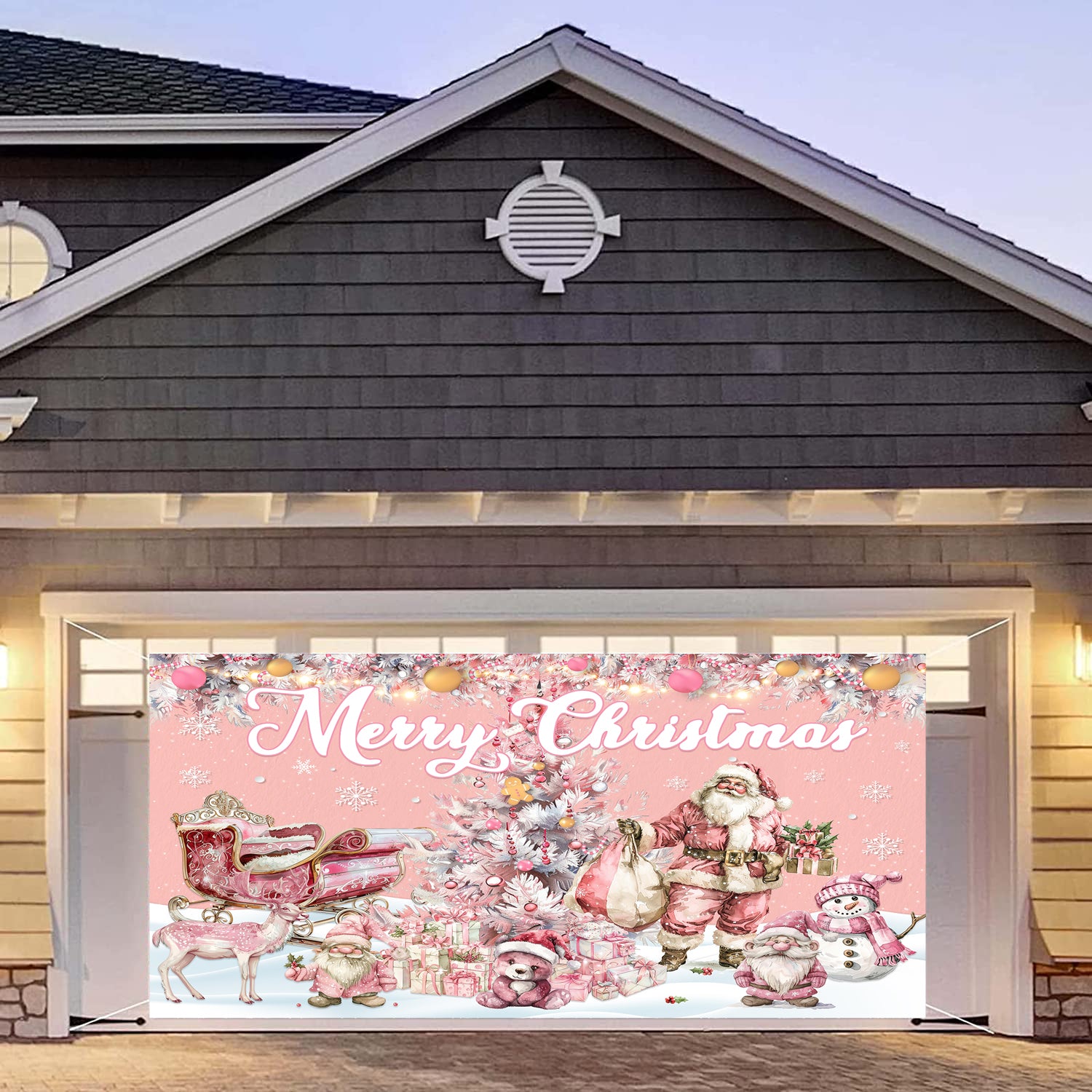 Pink Merry Christmas Garage Backdrop Banner Party Decoration, 13x6 ft