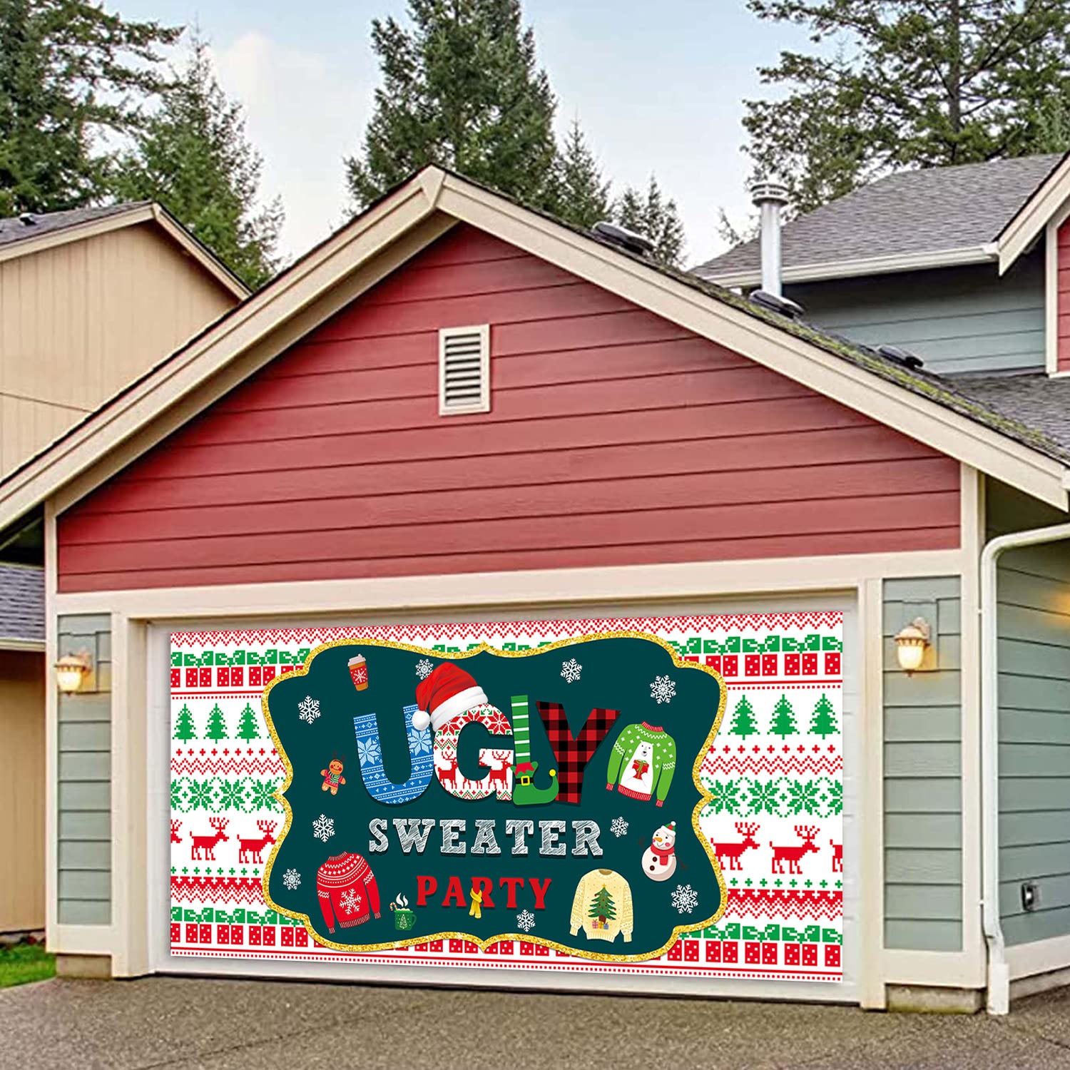 Ugly Sweater Garage Backdrop Banner Party Decoration, 13x6 ft