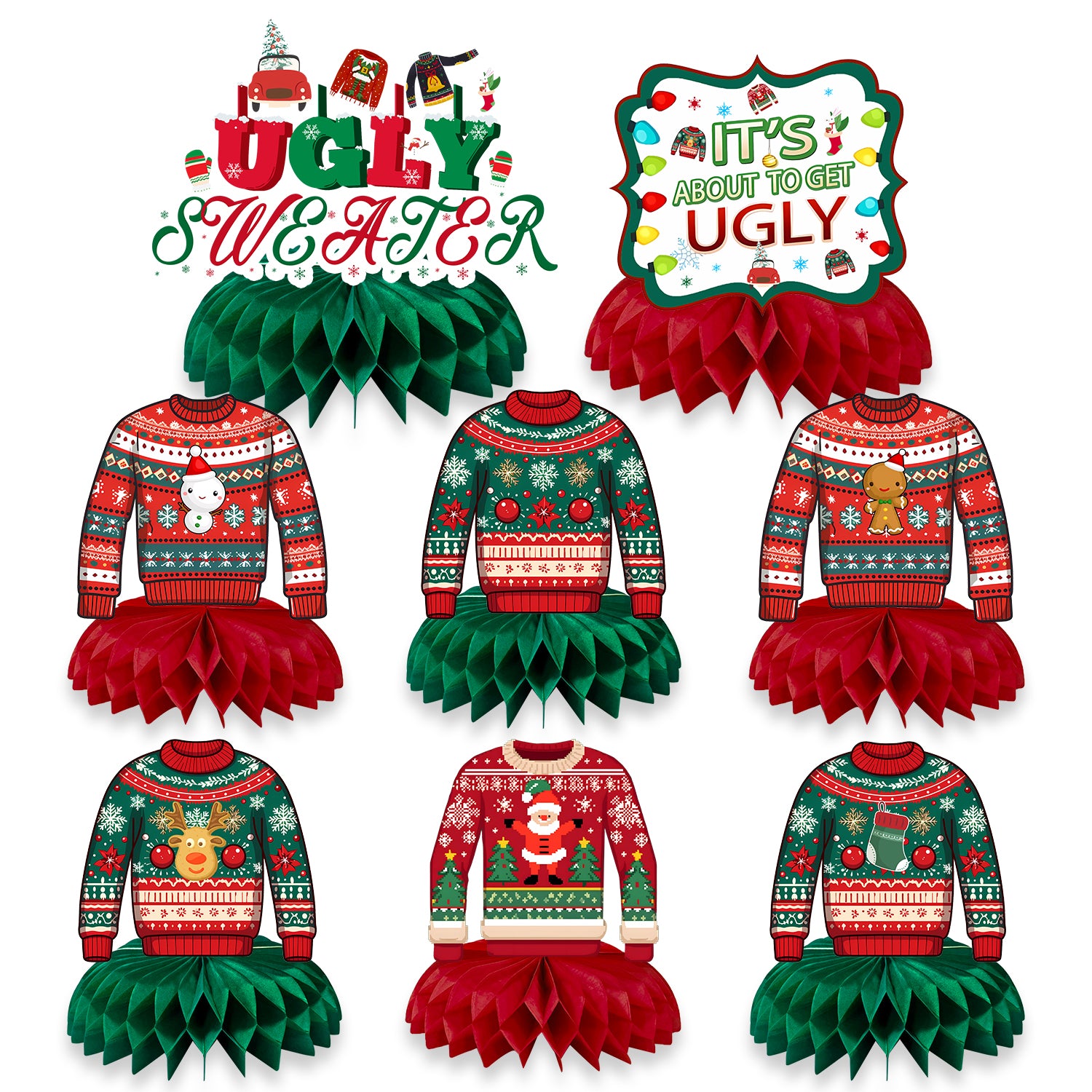 8pcs Ugly Christmas Sweater Honeycomb Centerpieces Decorations