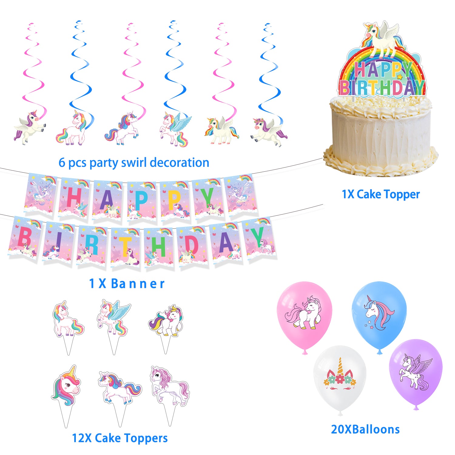 Rainbow and Unicorn Party Decoration Set A